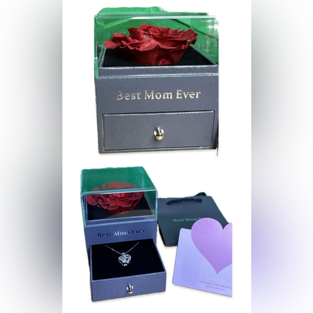 Best Mom Ever preserved red rose displayed in gift box with necklace.